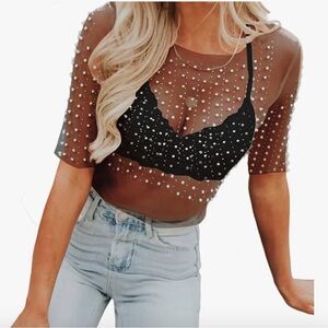 Black Mesh Diamond Crop Top quarter sleeve